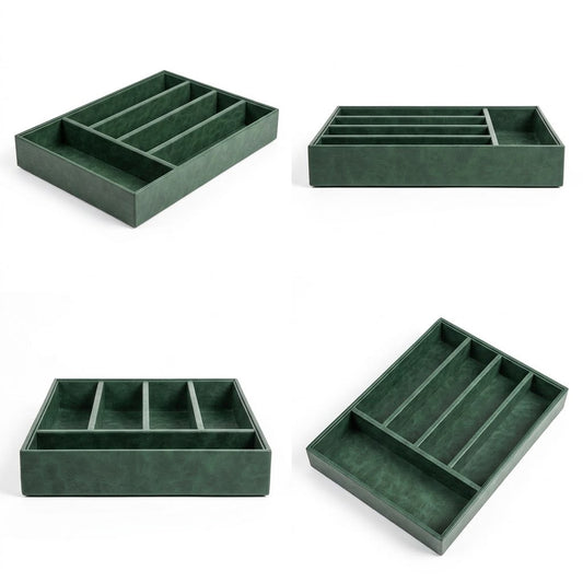 5 Grid Leather Cutlery Organizer-Green