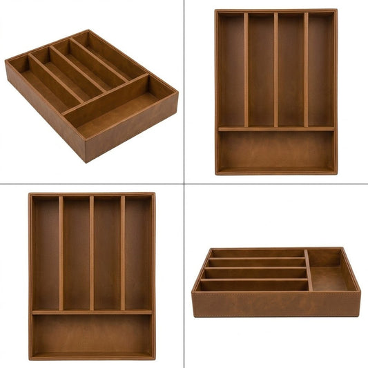 5 Grid Leather Cutlery Organizer-Brown