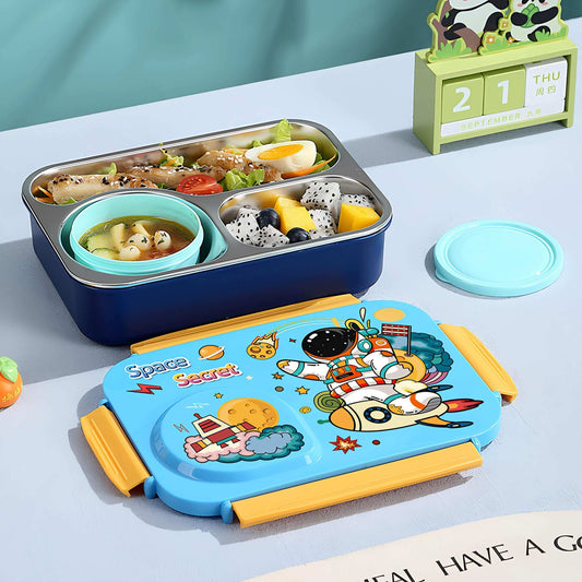 4 Compartment Stainless Steel Lunch Box-Blue