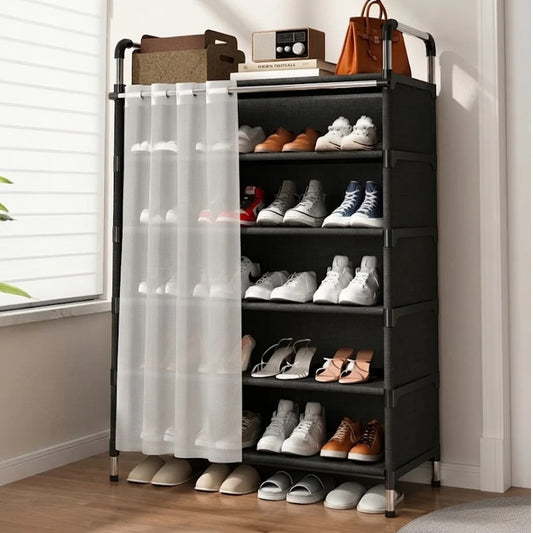 Shoe Organizer Shelf with Sliding Curtain Door