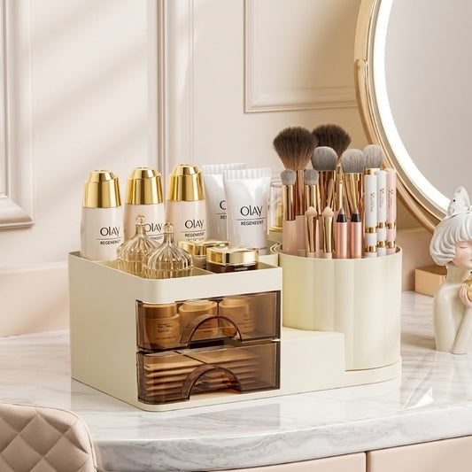 Desktop Cosmetic Organizer With Brush Holder-OffWhite