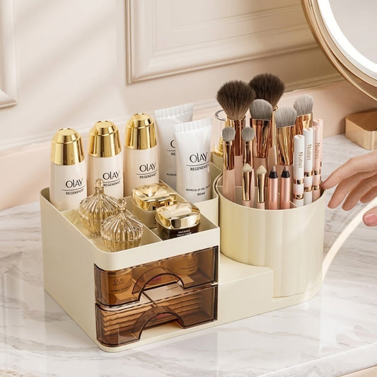 Desktop Cosmetic Organizer With Brush Holder-OffWhite
