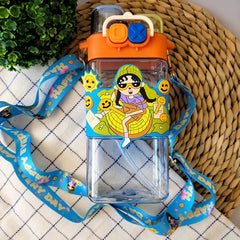 Cartoon girl square water bottle with strap
