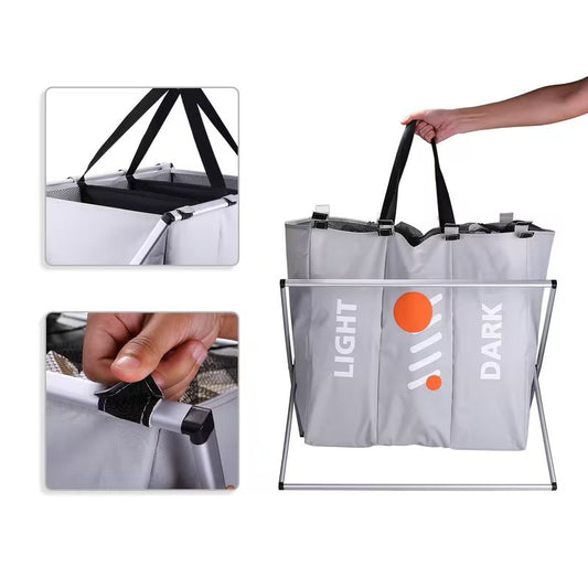 3 Compartment Foldable Laundry Basket-Grey