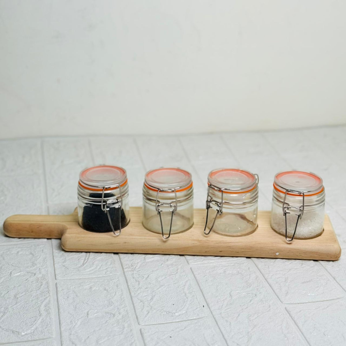 4 Pc Jar Set With Wooden Tray