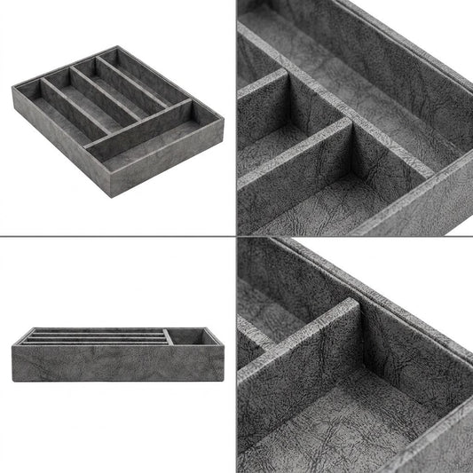 5 Grid Leather Cutlery Organizer-Grey