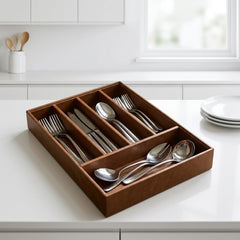 5 Grid Leather Cutlery Organizer-Brown