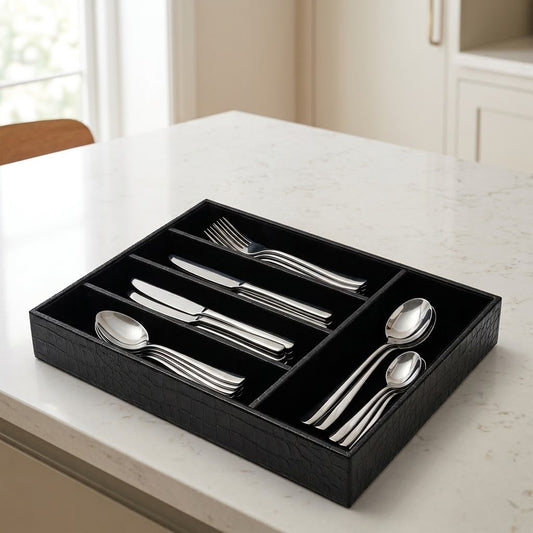 5 Grid Leather Cutlery Organizer-Black