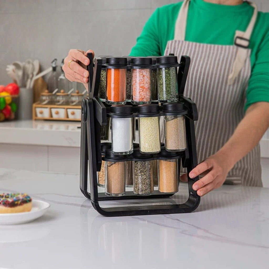 Rotating Spice Rack with 18 Glass Spice Jars
