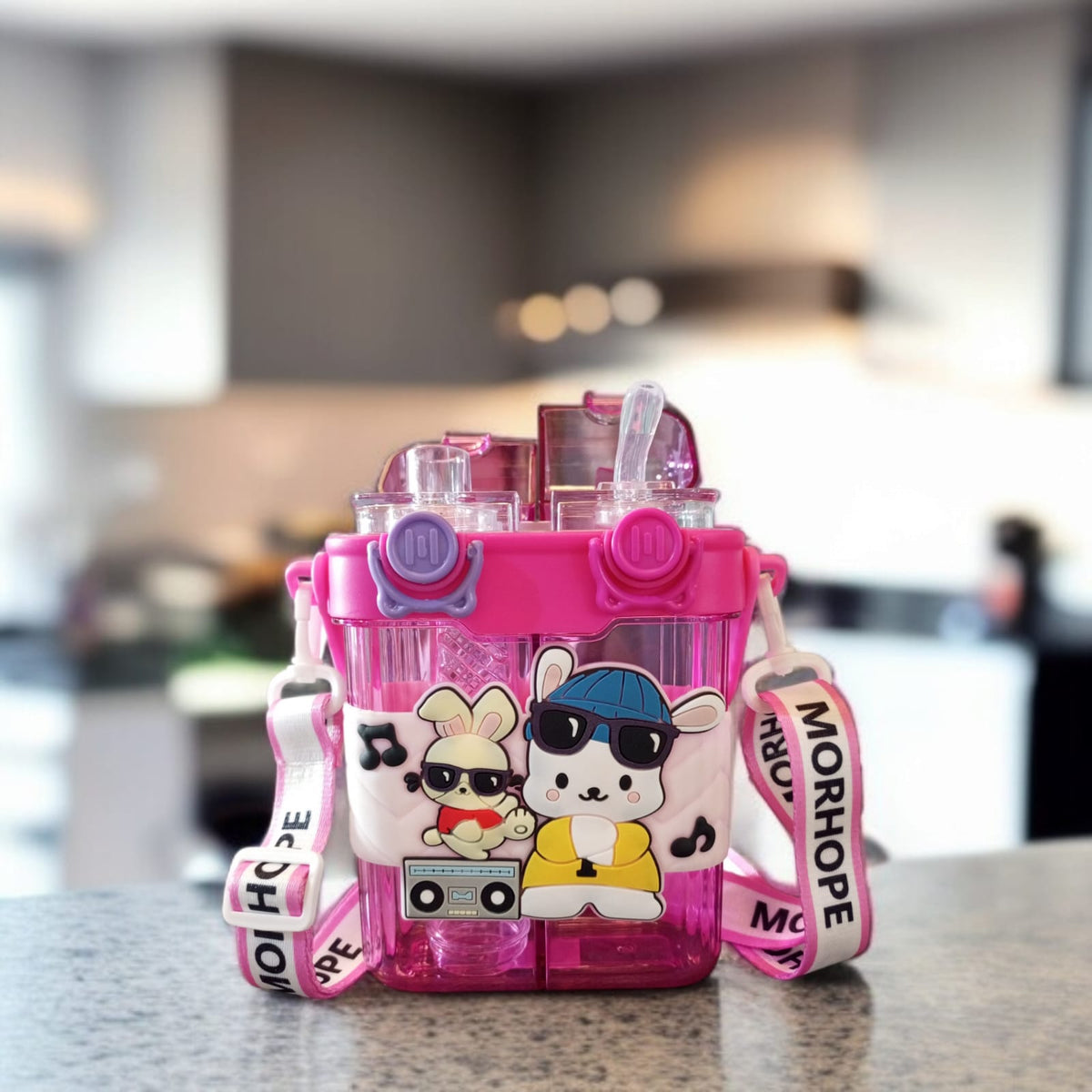 Double Drinking Water Bottle with Straw and Strap-Pink