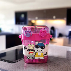 Double Drinking Water Bottle with Straw and Strap-Pink