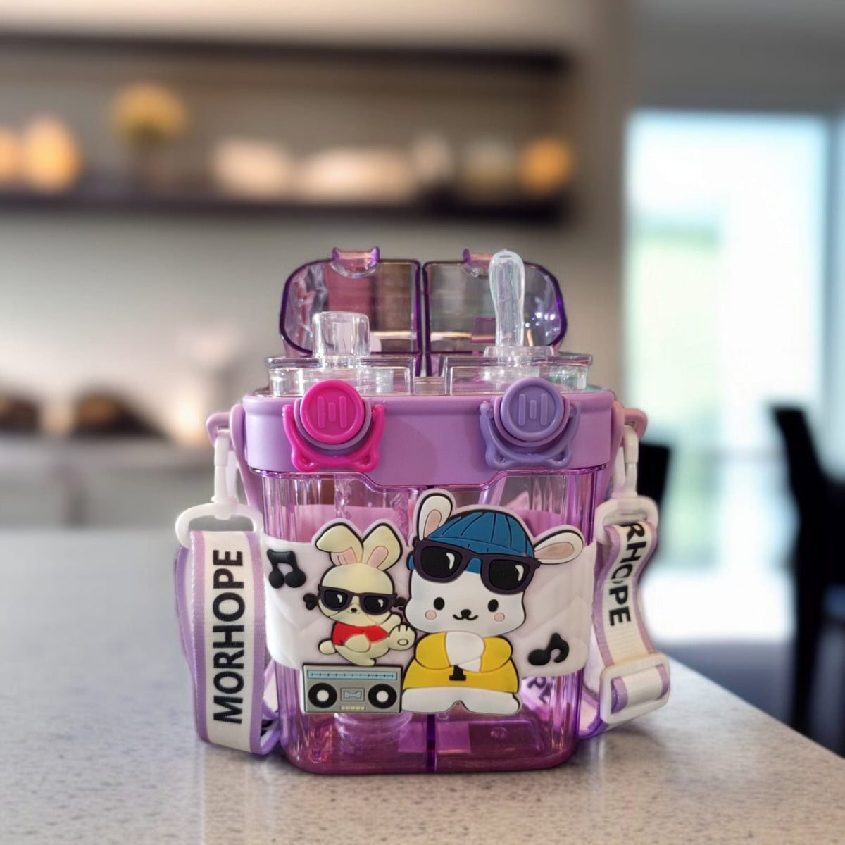 Double Drinking Water Bottle with Straw and Strap-Purple