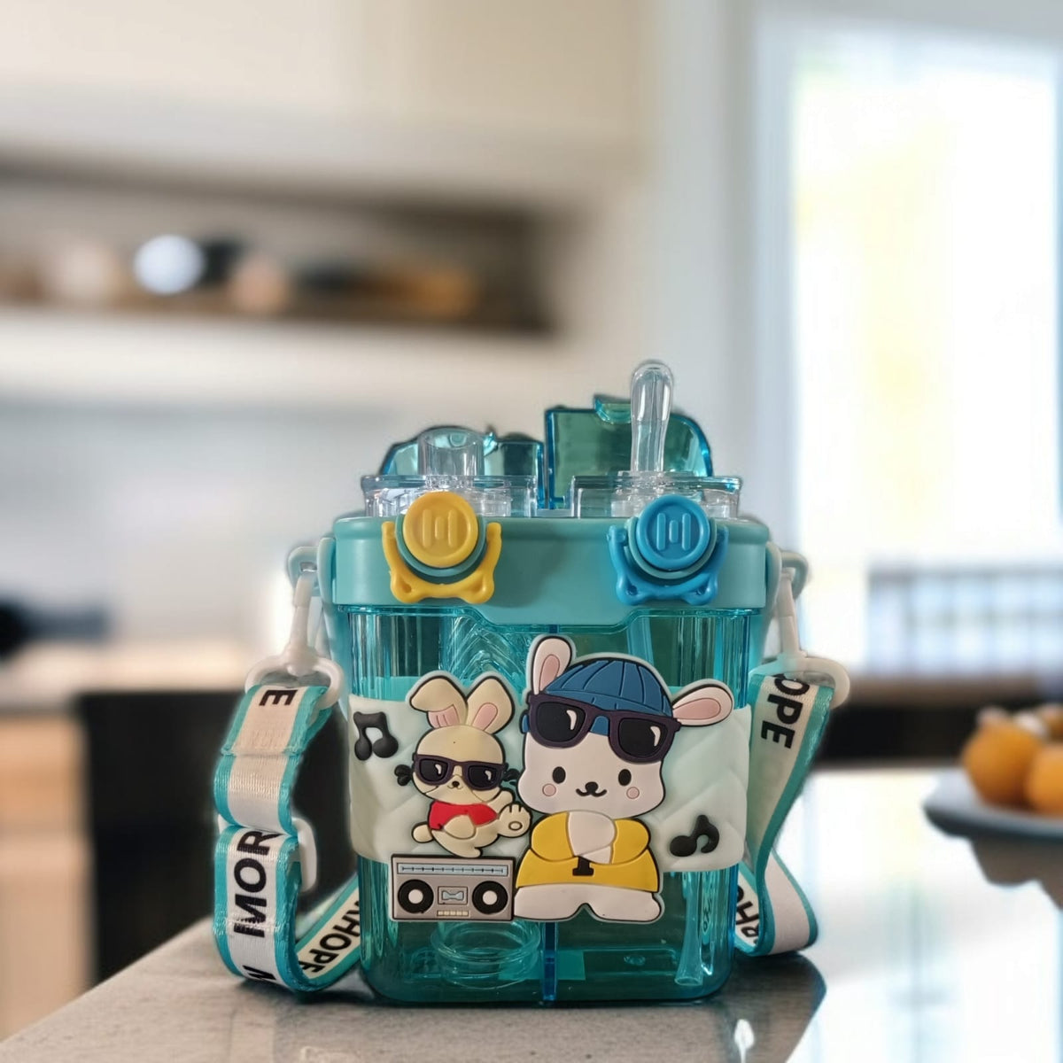 Double Drinking Water Bottle with Straw and Strap-Sky Blue