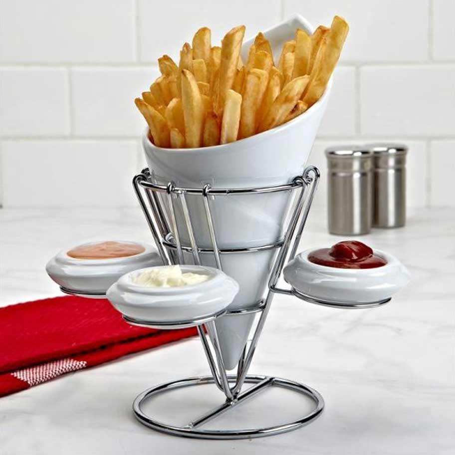 Ceramic French Fries Holder With Metal Stand