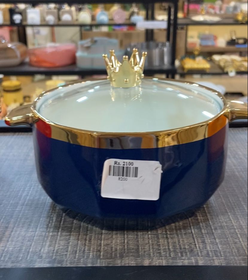 cermaic serving bowl with crown style lid - Blue