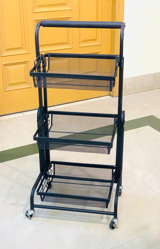 Fresh Fab Finds 3 Tier Rolling Utility Cart Movable Storage Organizer with Mesh Baskets Lockable Wheels 360 Degree Rotatable Hanging Box Hooks Bedroom Bathroom Kitche
