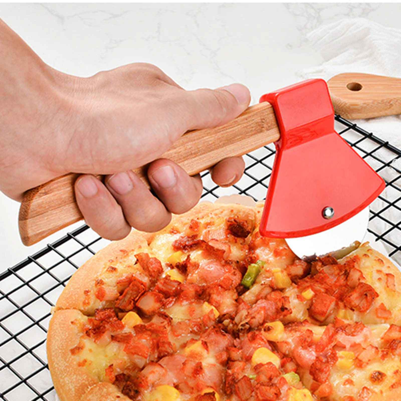 Dropship 1pc Pizza Hob; Axe Bamboo Handle Cutter; Kitchen Gadgets