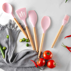 Silicone Wooden Handle Kitchen Cooking Utensils Set