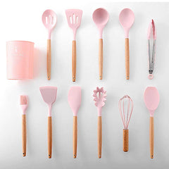 Silicone Wooden Handle Kitchen Cooking Utensils Set