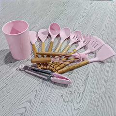 Silicone Wooden Handle Kitchen Cooking Utensils Set
