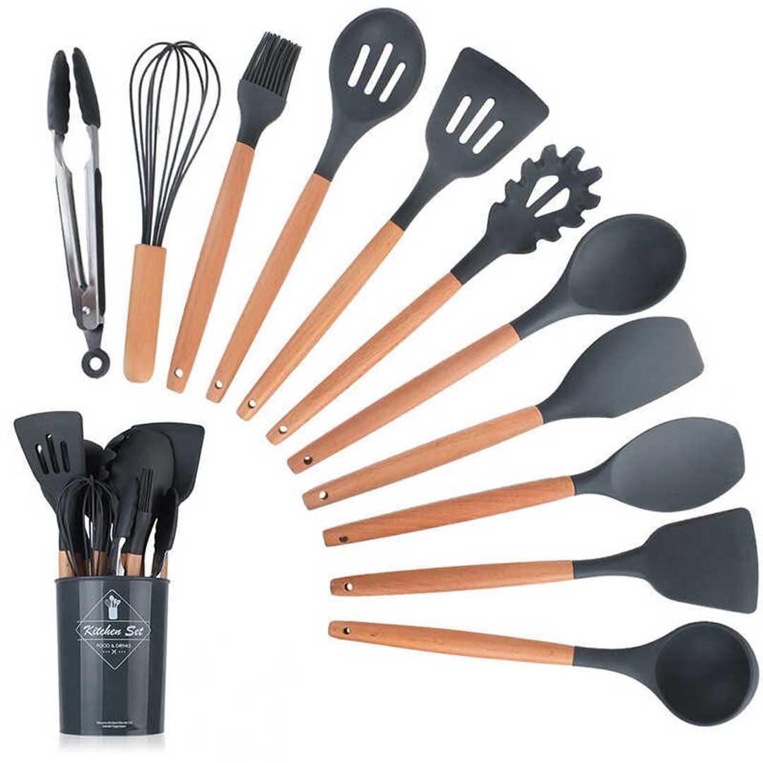 Silicone Wooden Handle Kitchen Cooking Utensils Set