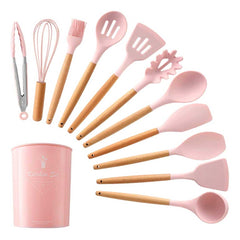 Silicone Wooden Handle Kitchen Cooking Utensils Set